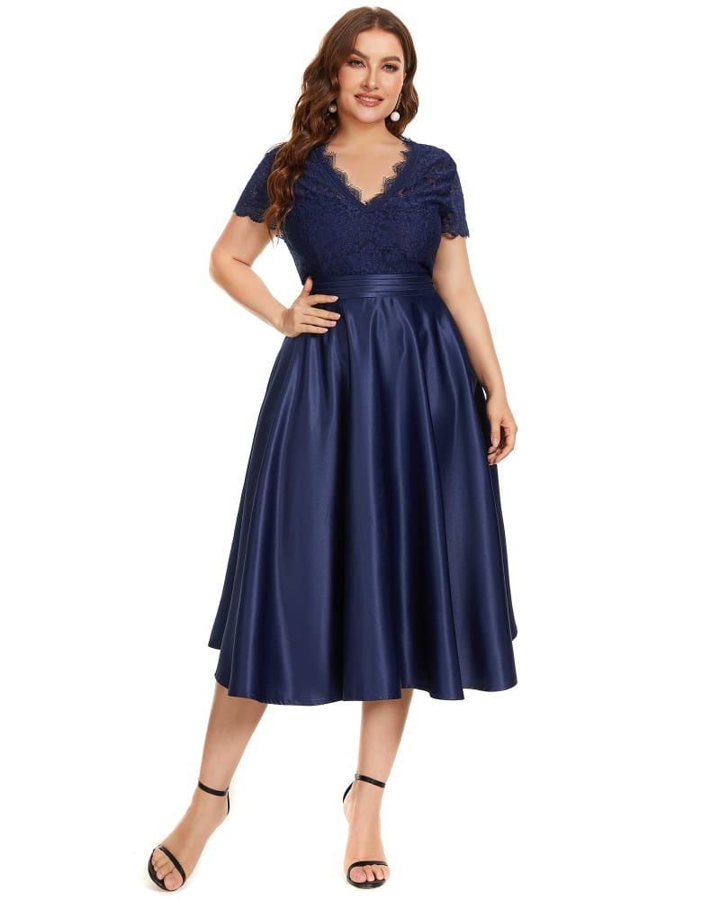 Front of a model wearing a size 10 Lace Cap Sleeve V neck Cocktail Dress in Navy Blue by Ever-Pretty. | dia_product_style_image_id:284574